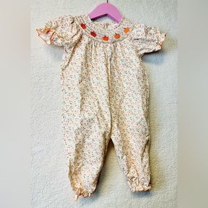 FLORAL PRINT SMOCKED BABY ROMPER WITH PUMPKIN EMBROIDERY SIZE 12-18 MONTHS